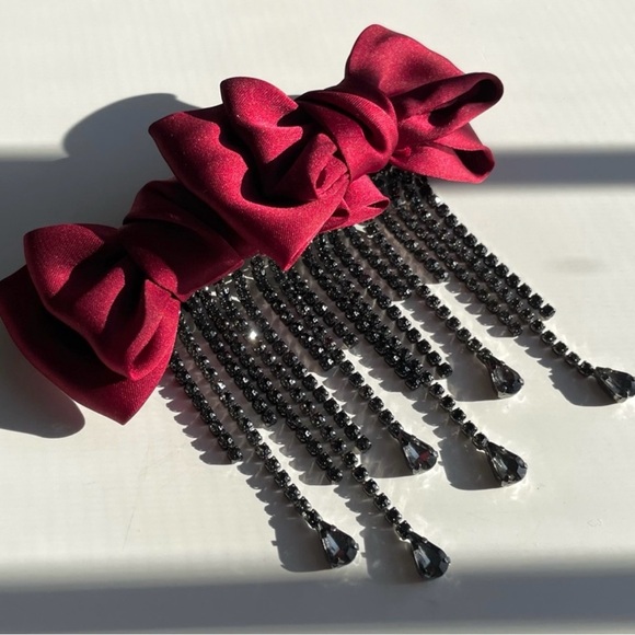 Free people Dreamin of the past 2 satin bow barrettes w/ fringe rhinestones NWT - Picture 9 of 13